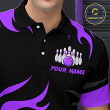 Load image into Gallery viewer, Black and Purple Flame Bowling shirts for Men Custom team bowling jerseys, mens bowling apparel NQS10269