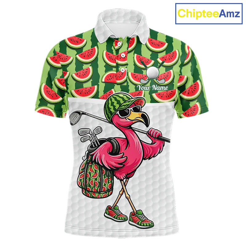 Golfing Flamingo Mens Funny Golf Polo Shirt Custom Green Pattern Watermelon Golf Ball Clothes Shirts NHT740