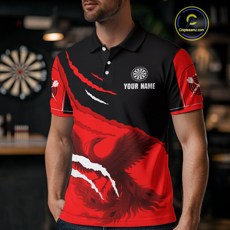 Custom Dart Team Shirt For Men With Crimson Phoenix On Black Linear Pattern NYN0277