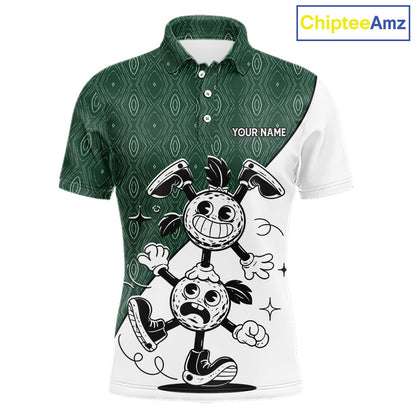 Green White Funny Golf Ball Pattern Mens Golf Polo Shirts Custom Golf Outfits Men, Green Golf Tops NHT784