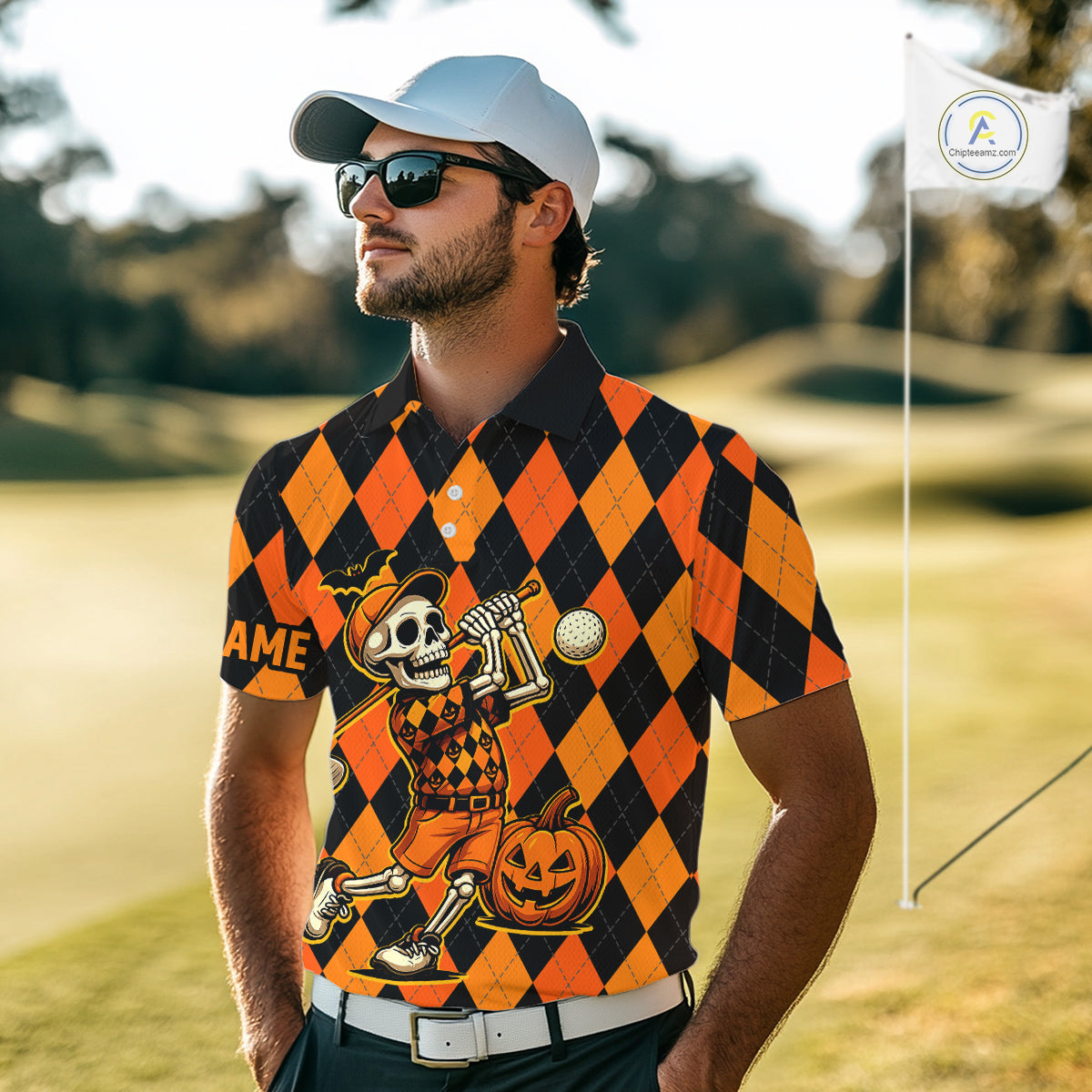 Funny Mens golf polo shirts custom orange and black argyle plaid Halloween Skull golf attire for men NQS10355