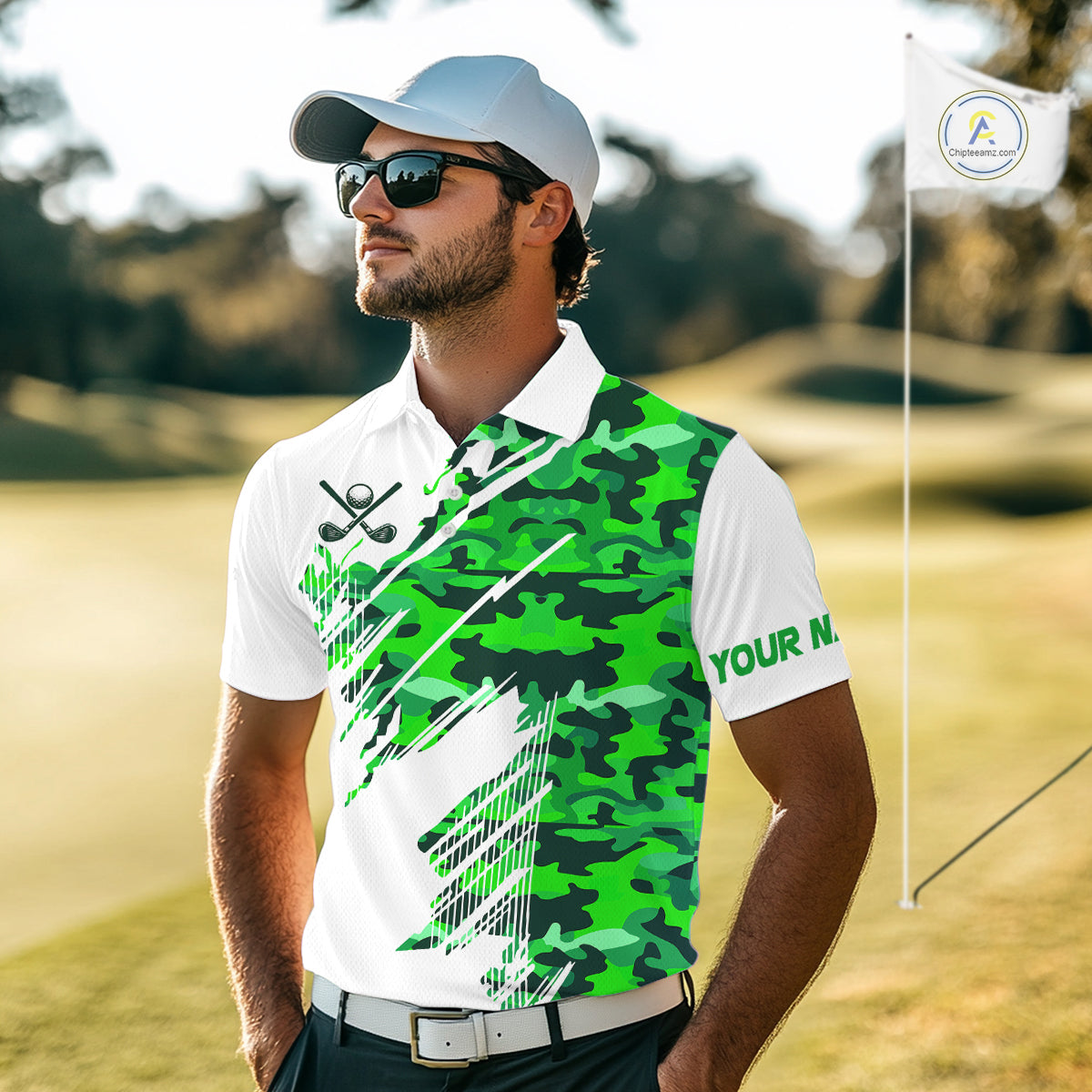 Personalized Mens golf polo shirts custom white and green camo mens golf apparel, golfing gifts NQS10334
