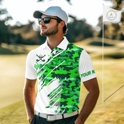 Personalized Mens golf polo shirts custom white and green camo mens golf apparel, golfing gifts NQS10334
