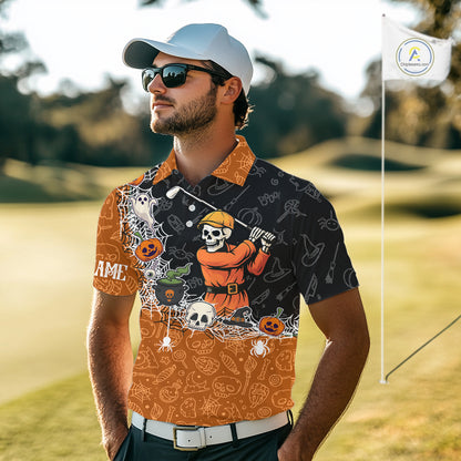 Halloween Skull Playing Golf Mens Golf Polo Shirt Custom black and orange Halloween mens golf outfit NQS10341