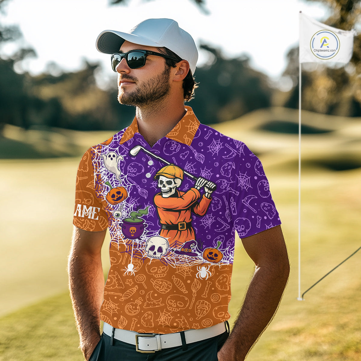Halloween Skull Playing Golf Mens Golf Polo Shirt Custom Halloween golf outfit For Men Golf Gifts NQS10340
