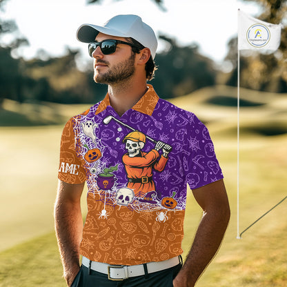 Halloween Skull Playing Golf Mens Golf Polo Shirt Custom Halloween golf outfit For Men Golf Gifts NQS10340