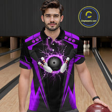 Load image into Gallery viewer, Black Men bowling Polo, 1/4 Zip shirt Custom lightning thunder team league bowling jersey | Purple NQS10375