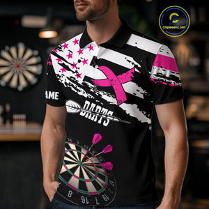 Personalized US Flag Pink Ribbon Darts Shirt For Men Custom Breast Cancer Awareness Darts Jersey TDM4493
