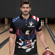 Load image into Gallery viewer, Man wearing custom american flag with eagle bowling polo shirt, front view mockup, personalized bowling league jersey.