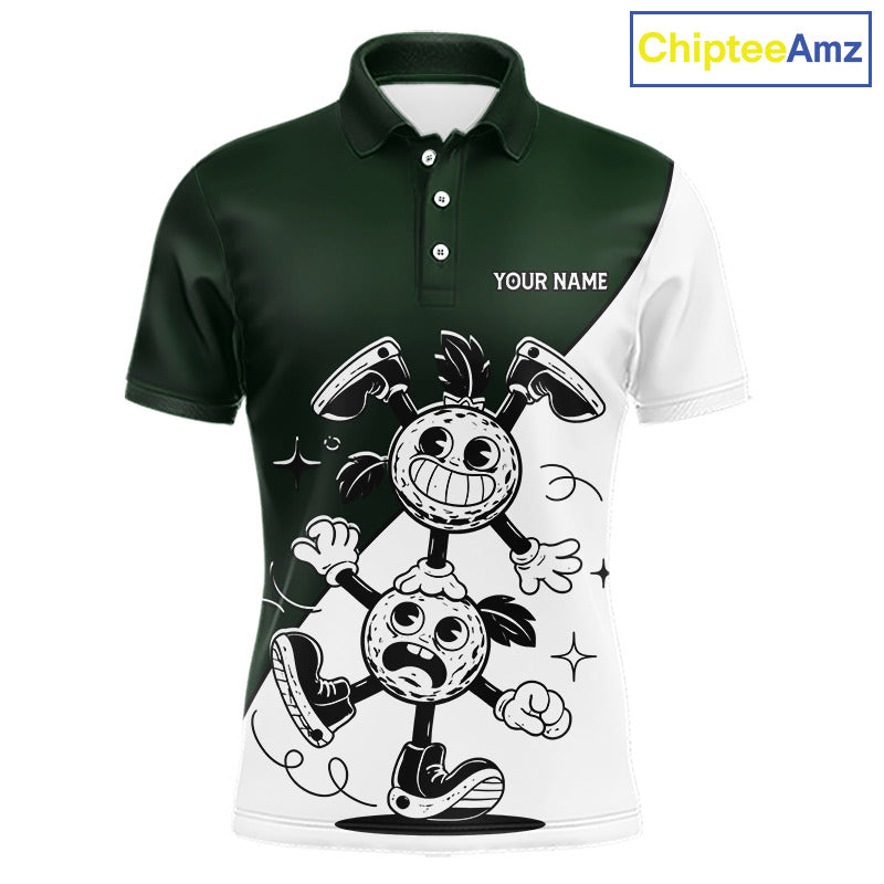 Green White Funny Golf Ball Pattern Mens Golf Polo Shirts Custom Golf Outfits Men, Green Golf Tops NHT785