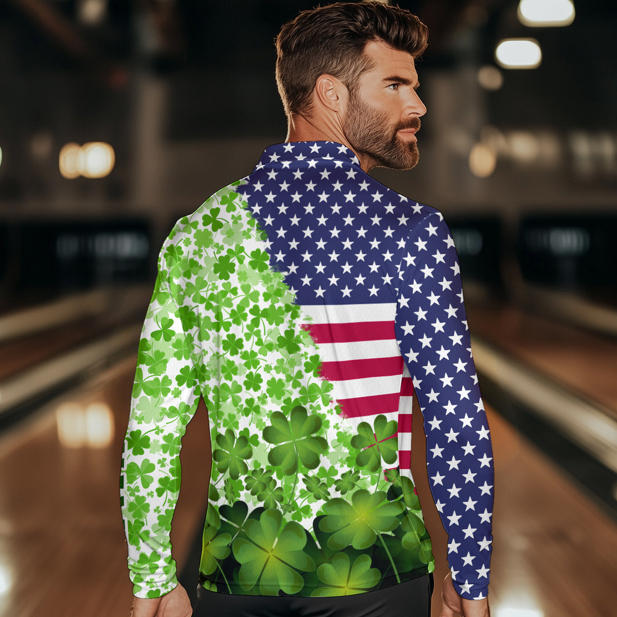 American flag St Patrick day shamrock pattern custom Team Bowling Polo, Quarter Zip shirt for Men NQS9581