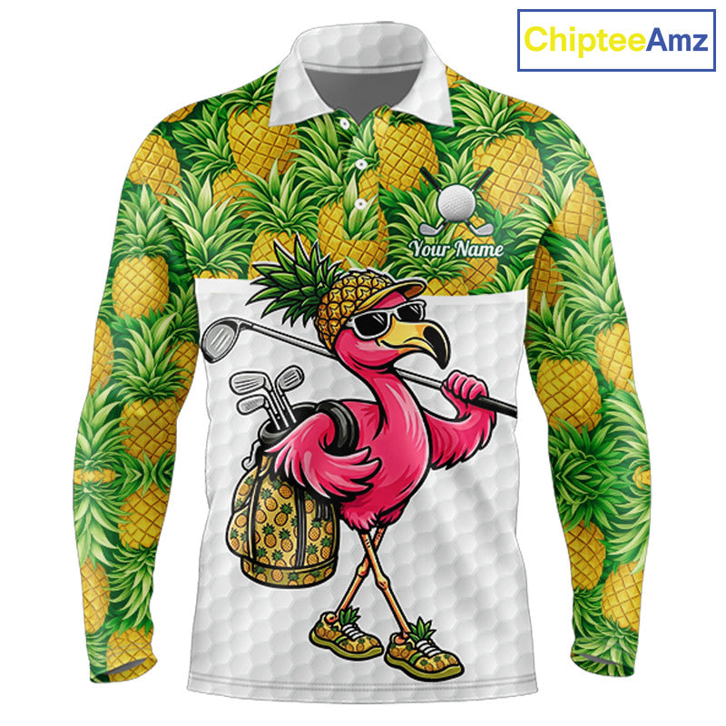 Golfing Flamingo Mens Funny Golf Polo Shirt Custom Yellow Pattern Pineapple Golf Ball Clothes Shirts NHT739