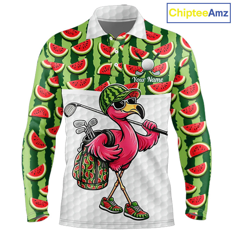 Golfing Flamingo Mens Funny Golf Polo Shirt Custom Green Pattern Watermelon Golf Ball Clothes Shirts NHT740