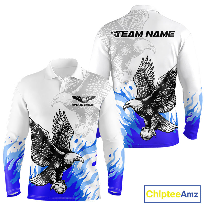 Mens Long Sleeve Golf Polo Shirt Custom Eagle Blue Flame Golf Tops, White Golf Outfit For Men NHN0070
