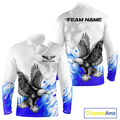 Mens Long Sleeve Golf Polo Shirt Custom Eagle Blue Flame Golf Tops, White Golf Outfit For Men NHN0070