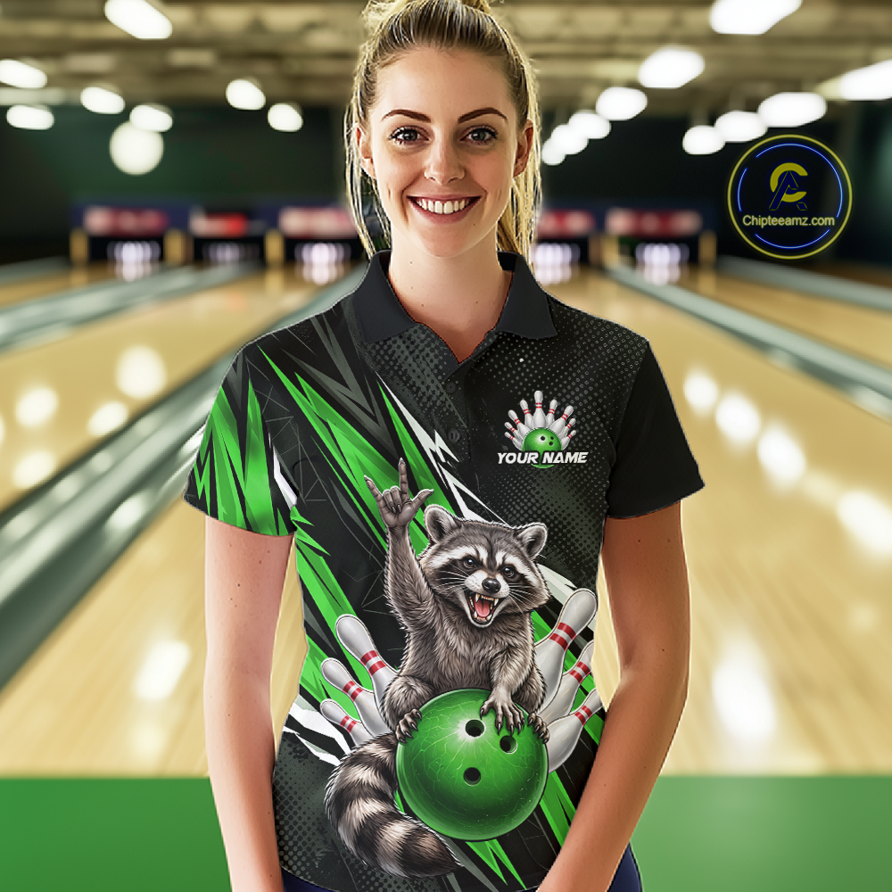 Custom Green Raccoon Bowling Jersey for Women Bowling Team Shirts Bowling Polo & 1/4 Zip HNT254