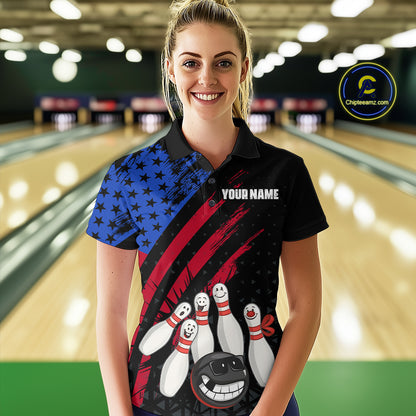 Custom Funny US Flag Bowling Jersey for Women Bowling Uniform Polo & 1/4 Zip Bowling Team Shirts HNT126
