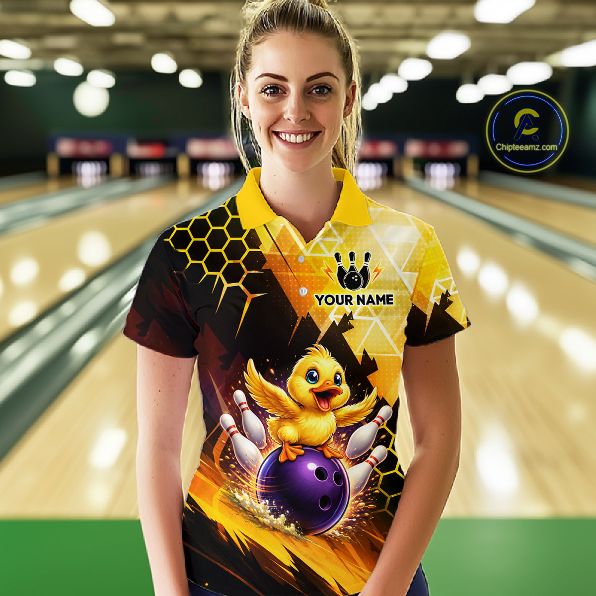 Custom Funny Duck Bowling Team Shirt for Women Yellow Bowling League Jersey Polo & 1/4 Bowling Outfit  QZT958