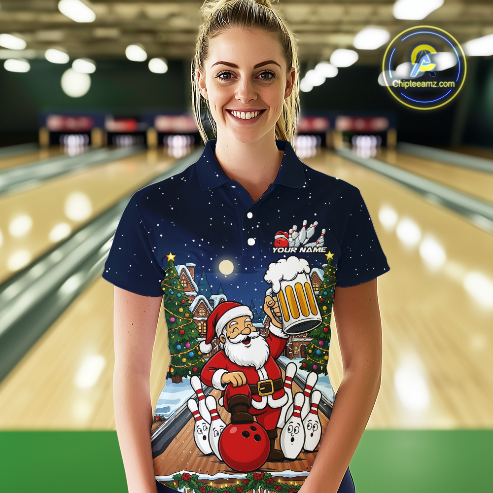 Custom Funny Beer Santa Christmas Bowling Jersey for Women Bowling Team Shirts Polo & 1/4 Zip HNT140