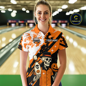 Orange Funny Skull Bowling Shirt for Women Personalized Polo & 1/4-Zip Bowling Jersey Halloween QZT768