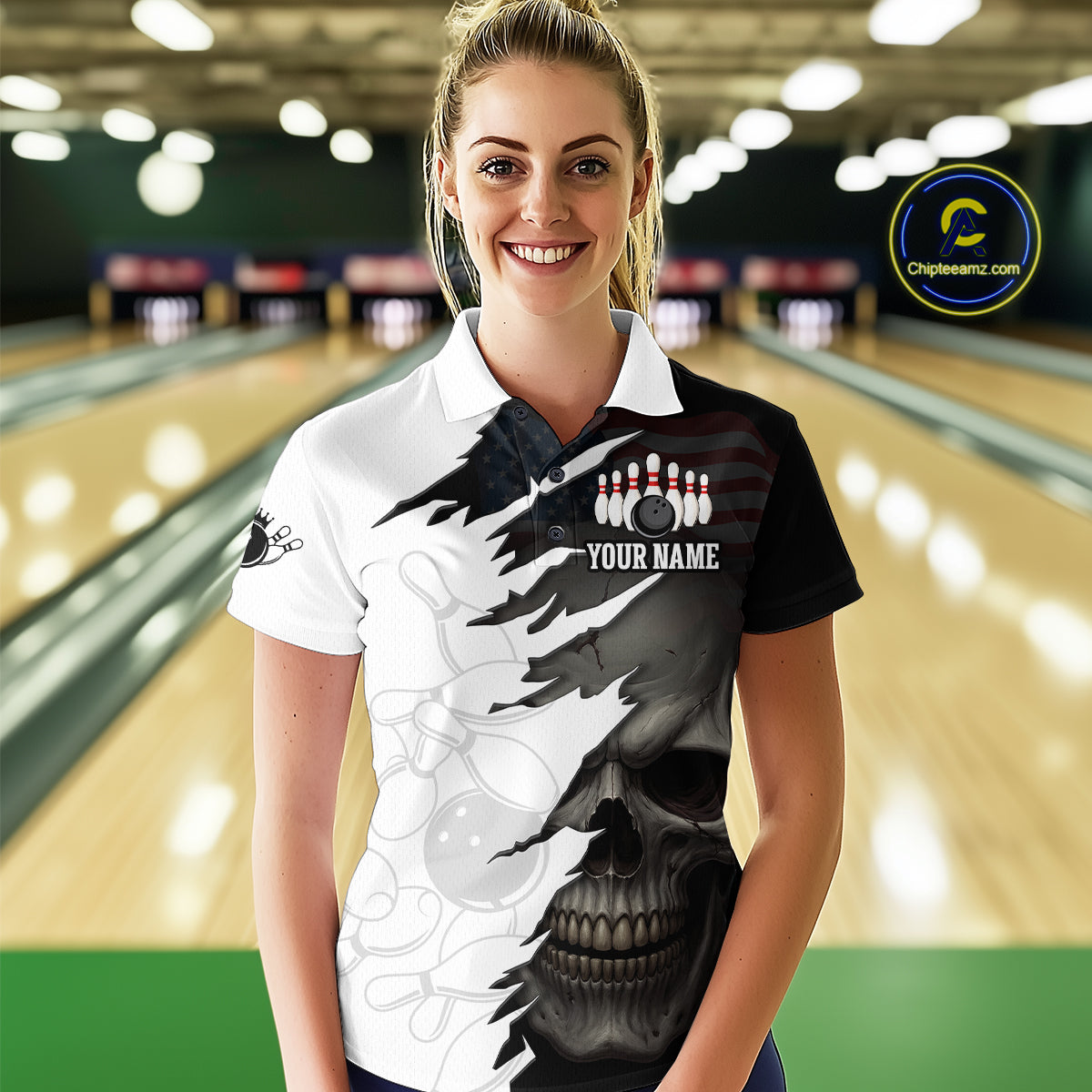 Custom Black White Skull Bowling Jersey for Women Bowling Polo & 1/4 Zip Bowling Team Shirts HNT111