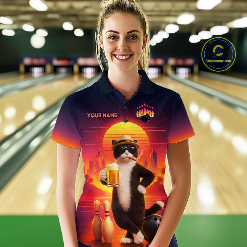 Beer Cat Funny Bowling Shirt for Women Retro Custom Cat with Beer Bowling Team Jersey HNT274