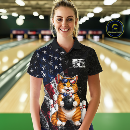 Woman wearing a themed bowling shirt with a cat american flag design in a bowling alley.