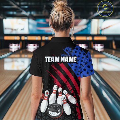 Custom Funny US Flag Bowling Jersey for Women Bowling Uniform Polo & 1/4 Zip Bowling Team Shirts HNT126