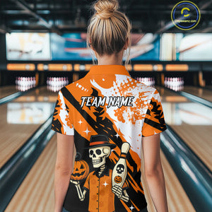 Orange Funny Skull Bowling Shirt for Women Personalized Polo & 1/4-Zip Bowling Jersey Halloween QZT768