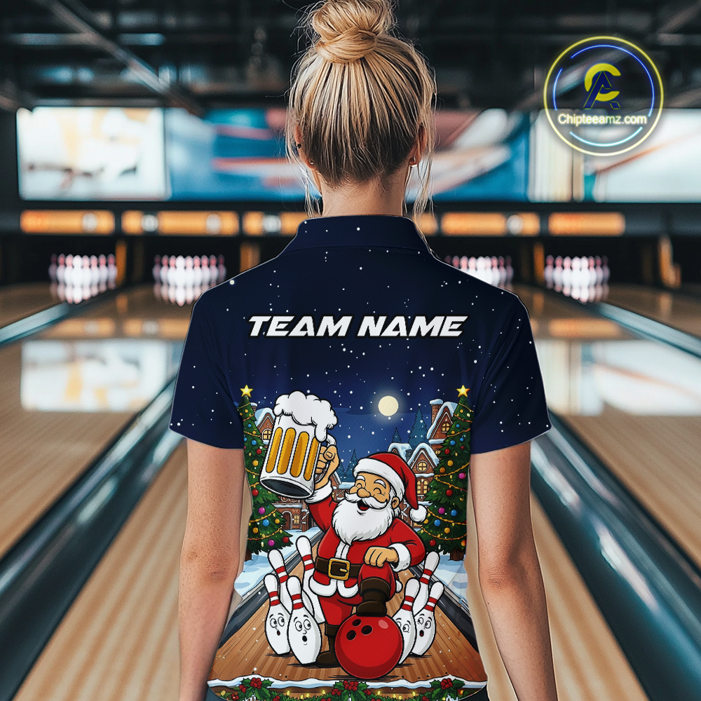 Custom Funny Beer Santa Christmas Bowling Jersey for Women Bowling Team Shirts Polo & 1/4 Zip HNT140