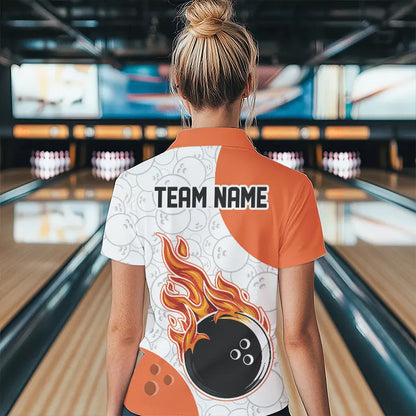 Woman wearing custom orange and white with flames design bowling polo shirt, front view mockup with team name design.