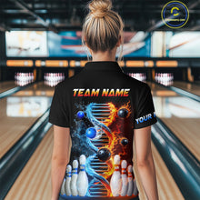 Load image into Gallery viewer, Woman wearing custom ice and fire DNA bowling polo shirt, back view mockup, personalized bowling league jersey.