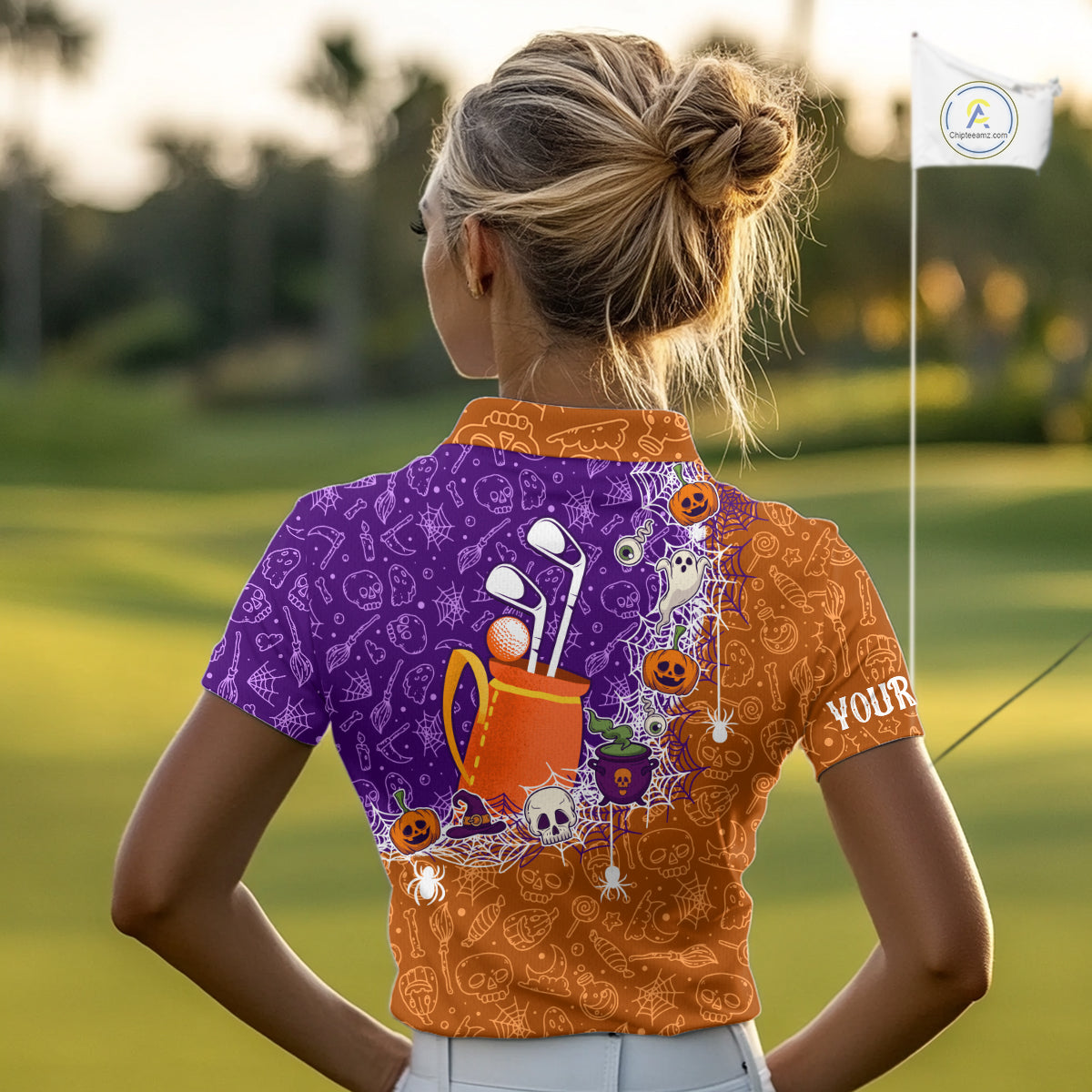Halloween Skull Playing Golf Women Golf Polo Shirt Custom Halloween golf outfit For Ladies Golf Gifts NQS10340