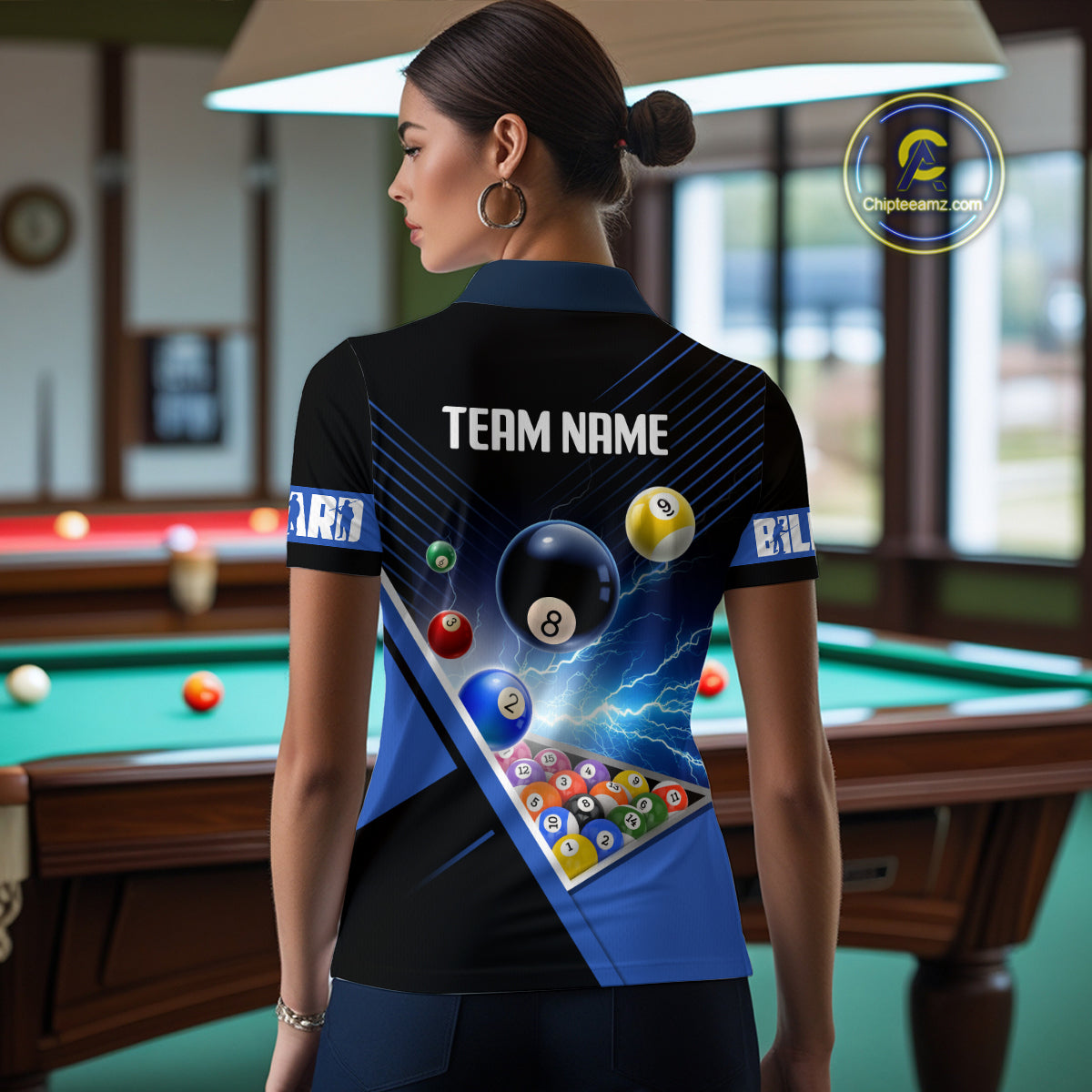 Customized Blue Thunder Lightning Strike Billiard Shirt For Women, Billiard Team Shirt Pool Jerseys TDM4009