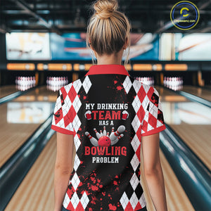 Red argyle pattern Retro Bowling Shirts For Women Custom My drinking team has a bowling problem NQS9825