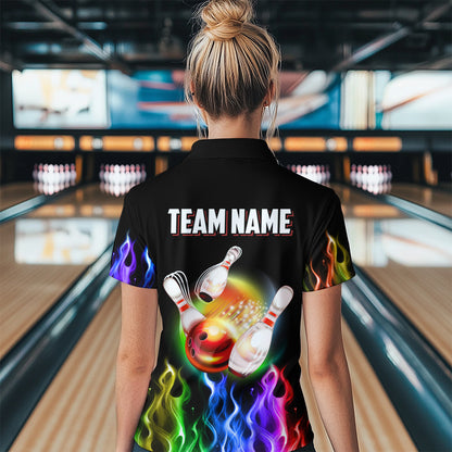 Rainbow Flame Bowling Jersey For Women Personalized Bowling Team Shirts Bowling Polo Shirt BDT324