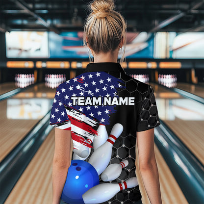 American Flag Bowling Shirts for Men Women Patriotic Bowling Jersey Polo&1/4 Zip Shirt MBL09