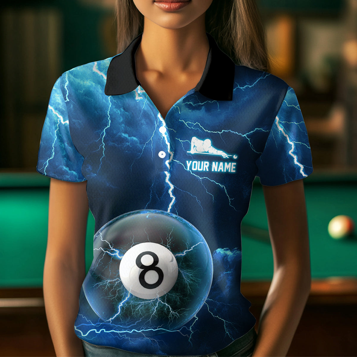 Blue Thunder 8 & 9 Ball Billiards Shirt Women Team Polo & 1/4 Zip Shirts Billiard Jersey NNT17