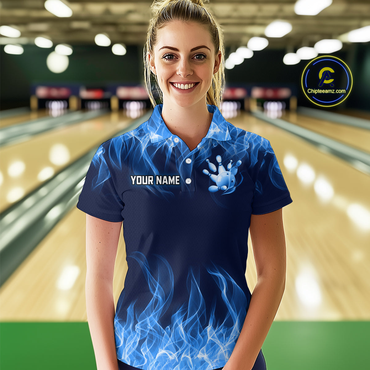 Custom Blue Flame Bowling Jersey for Women Bowling Uniform Polo & 1/4 Zip Bowling Team Shirts HNT106