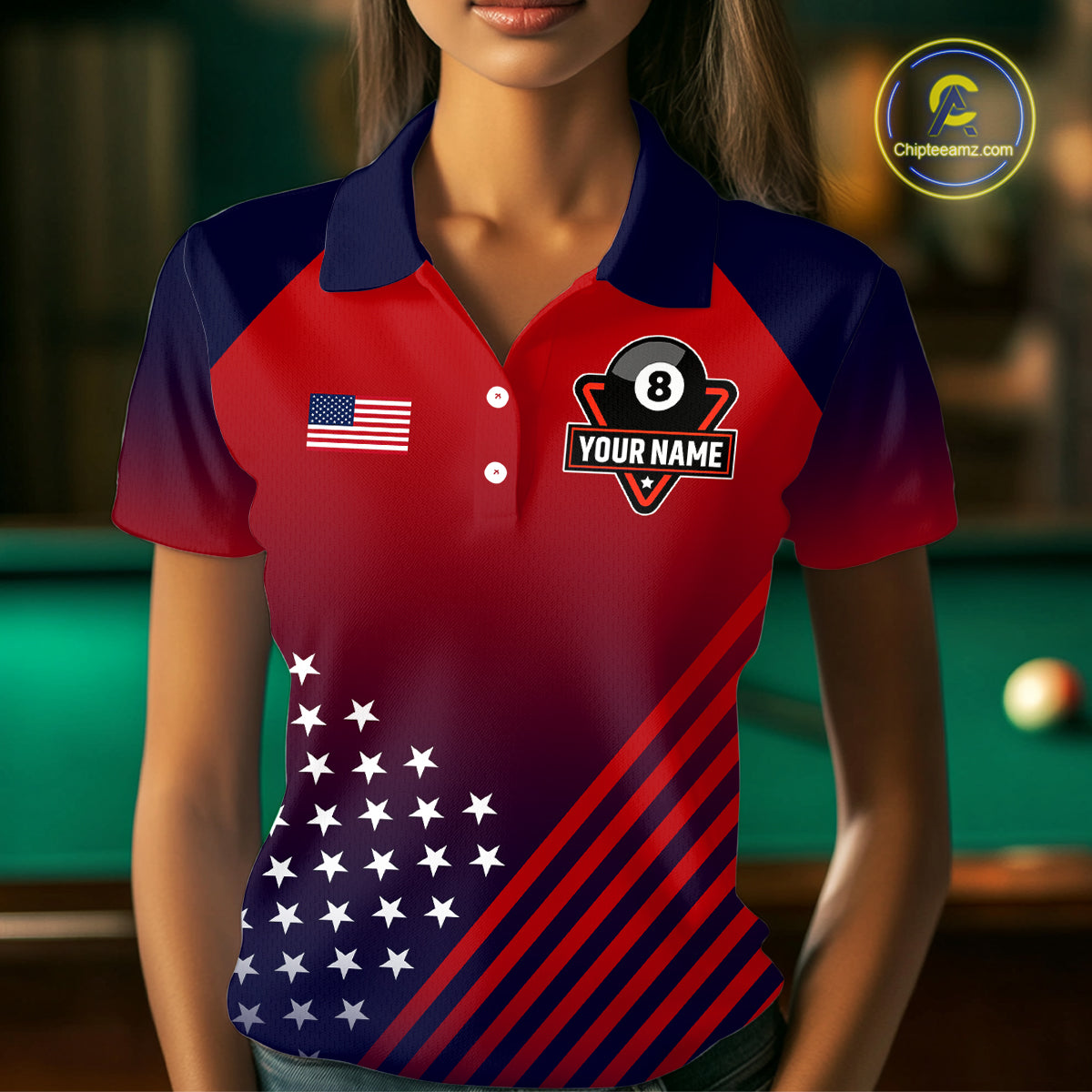 US Flag Billiard Jersey For Women Custom 8 Ball Polo & Quarter Zip Billiard Shirts Pool Team Jersey TDM3801