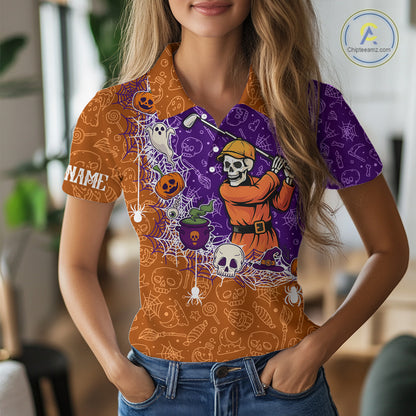 Halloween Skull Playing Golf Women Golf Polo Shirt Custom Halloween golf outfit For Ladies Golf Gifts NQS10340
