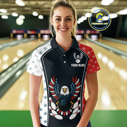 Eagel US Flag Bowling Custom Women Bowling Shirt Polo & Quarter-Zip Bowling Team Jerseys HNT57