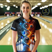 Load image into Gallery viewer, Woman wearing custom ice and fire DNA bowling polo shirt, front view mockup, personalized bowling league jersey.