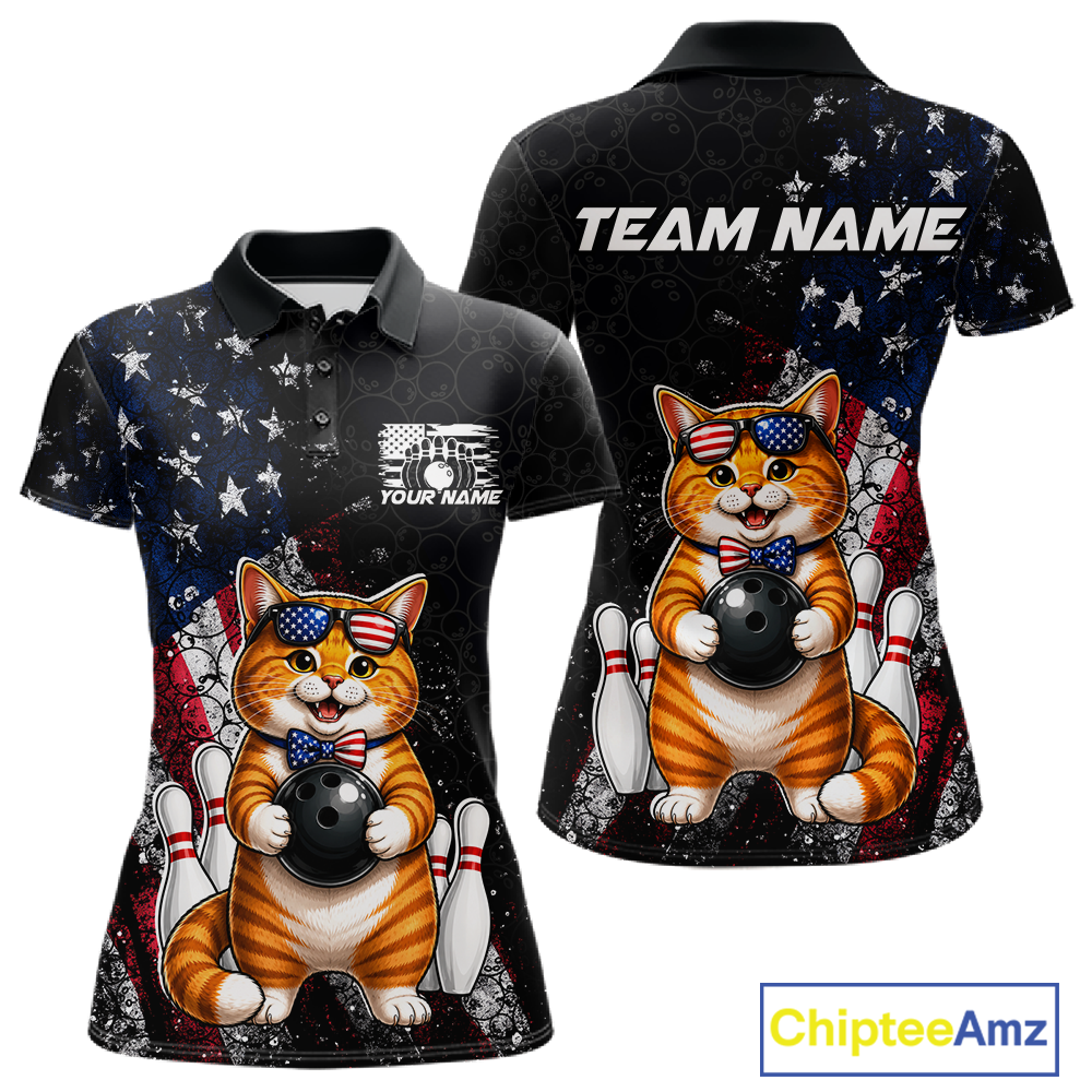 Women polo shirt with a cat american flag bowling design and 'Team Name' text on a white background