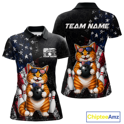 Women polo shirt with a cat american flag bowling design and 'Team Name' text on a white background