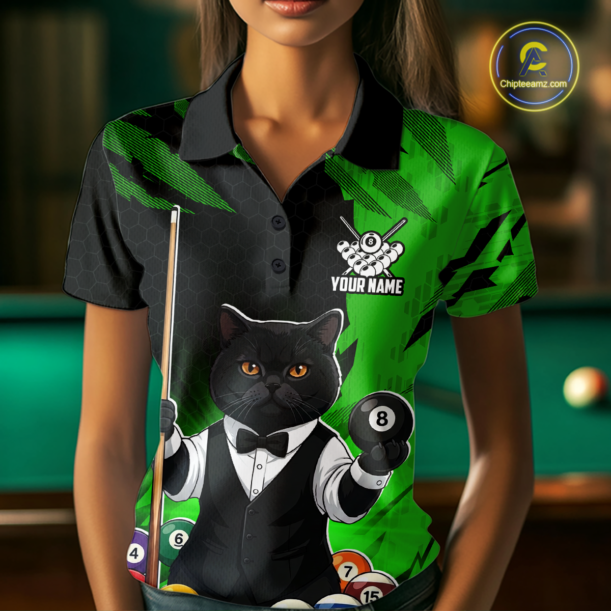 Custom Black Cat 8 Ball Pool Shirts Green Billiard Shirt for Women Billiard Team Jersey Billiard Gift NNT181