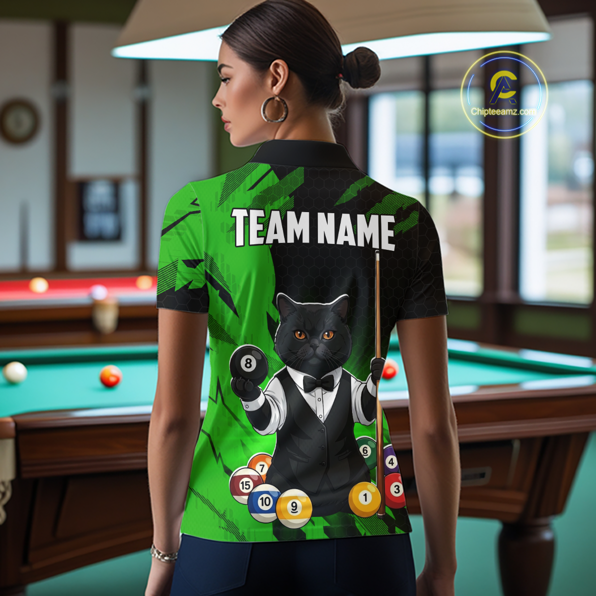 Custom Black Cat 8 Ball Pool Shirts Green Billiard Shirt for Women Billiard Team Jersey Billiard Gift NNT181