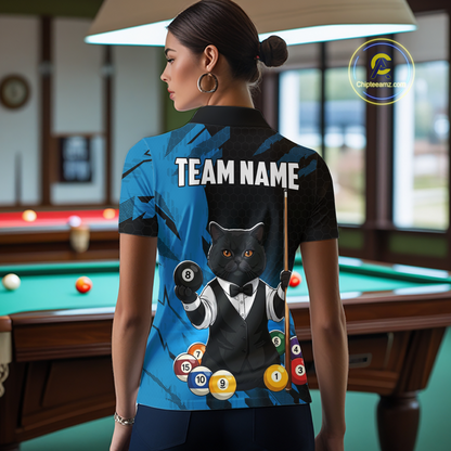Custom Black Cat 8 Ball Pool Shirts Blue Billiard Shirt for Women Billiard Team Jersey Billiard Gift NNT181