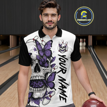 Load image into Gallery viewer, Purple Butterfly Skull Bowling Men Bowling Shirt Polo &amp; Quarter-Zip Bowling Team Jerseys HNT80