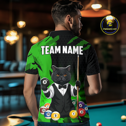 Custom Black Cat 8 Ball Pool Shirts Green Billiard Shirt for Men Billiard Team Jersey Billiard Gift NNT181